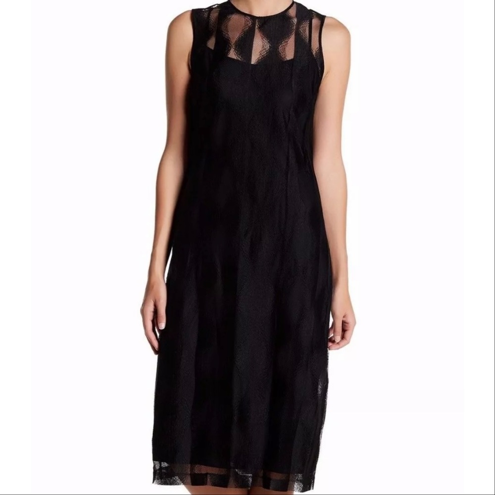DKNY Black Lace Mesh Sheath Midi Dress